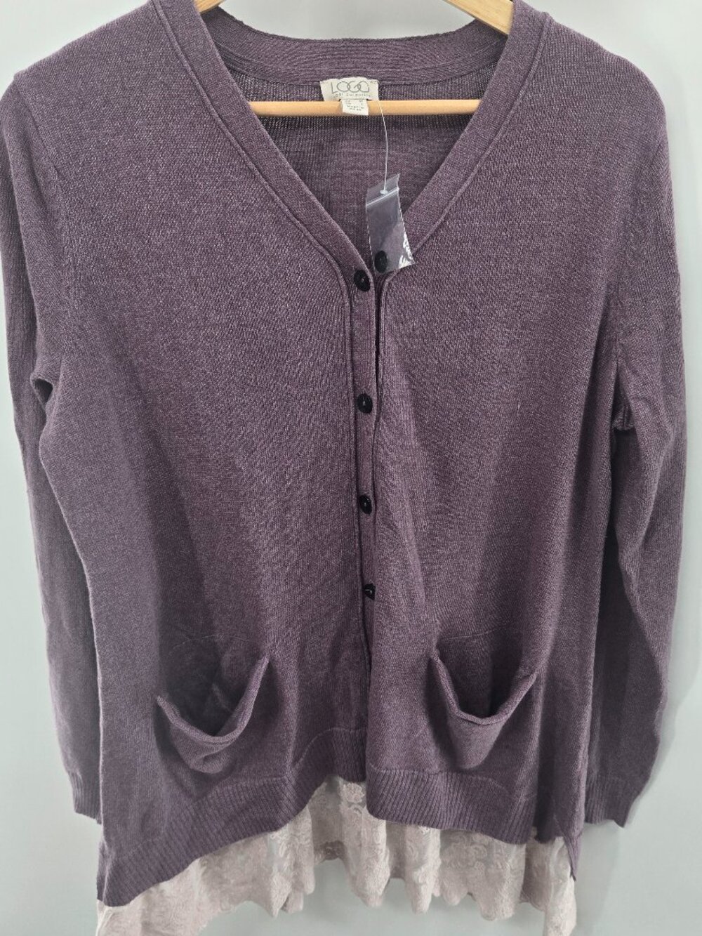 LOGO Lori Goldstein Linen Blend  Lace Hem Purple Knit Cardigan Medium